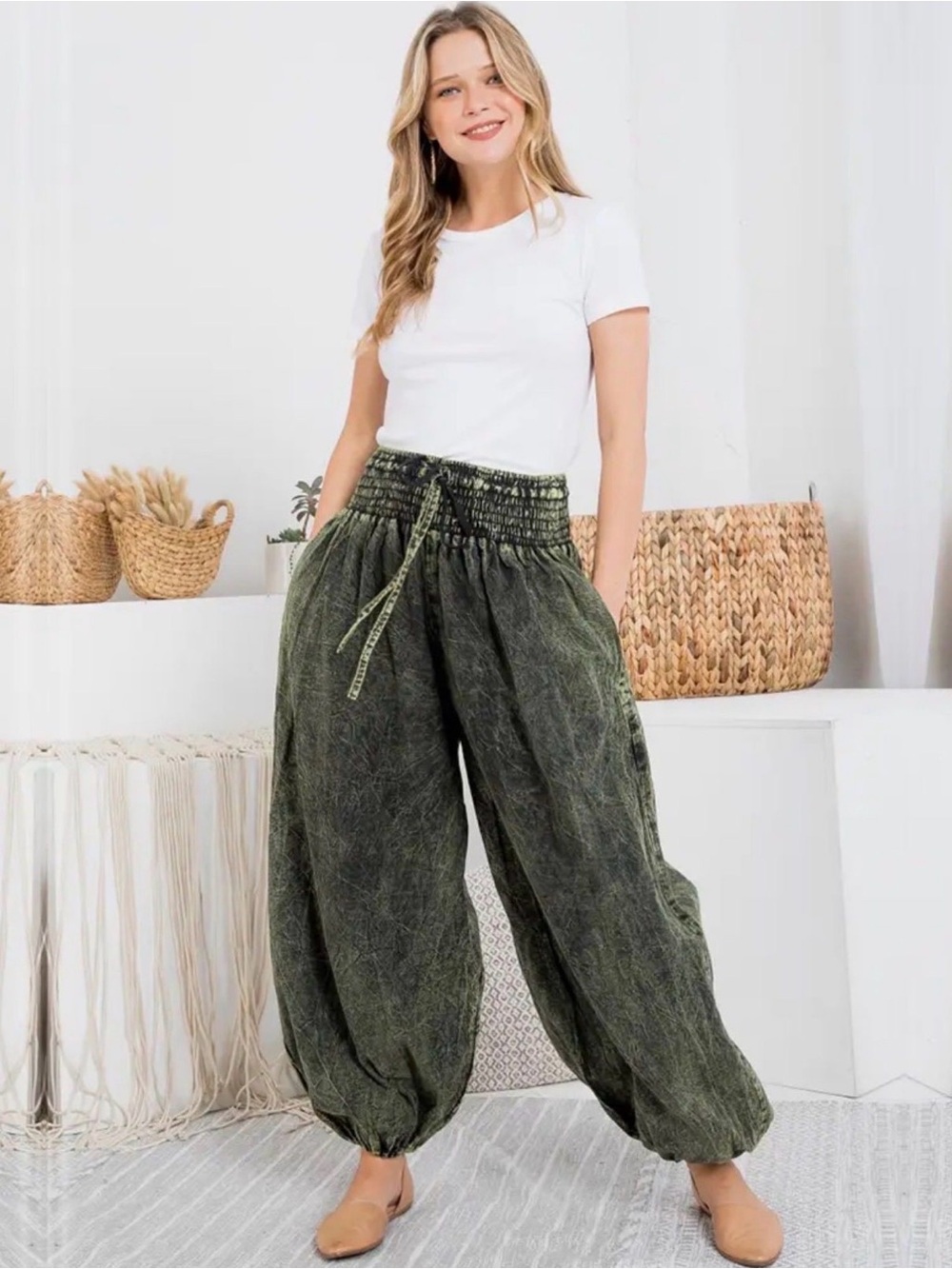 Kathmandu Olive Green Smocked Waist Harem Pants.